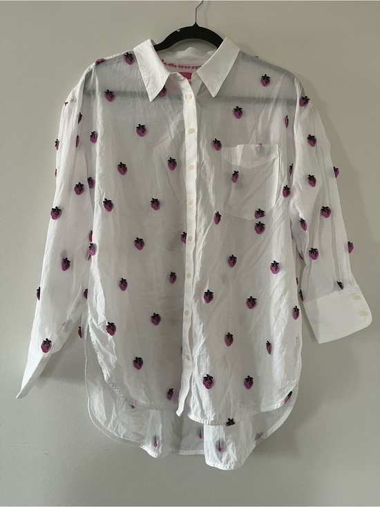 Maeve Tops - Anthropologie White Pink Strawberry Embroidered Button Down Top Small Cottage